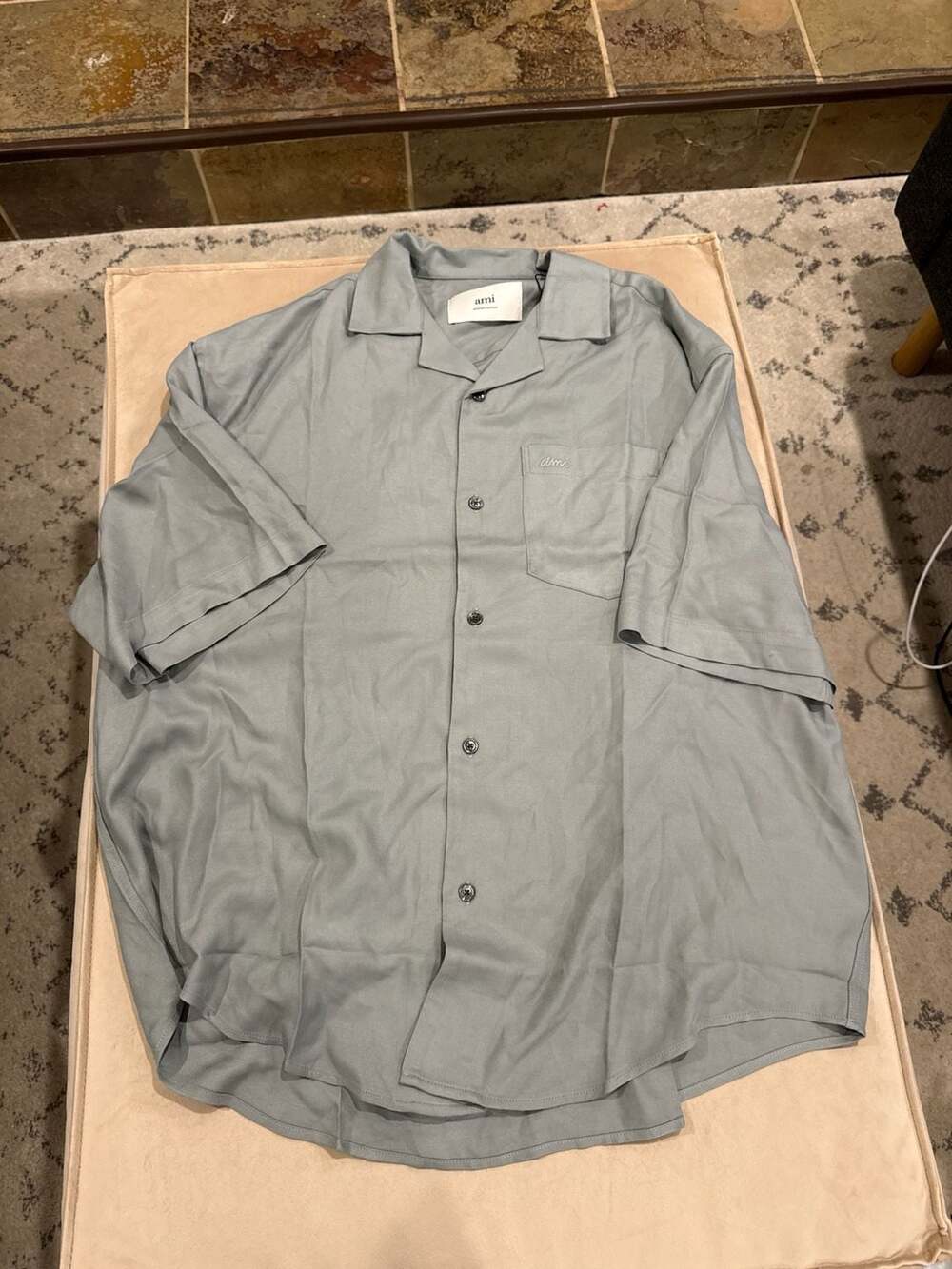 AMI Paris Short Sleeves Boxy Shirt in Clay Blue, Size 40